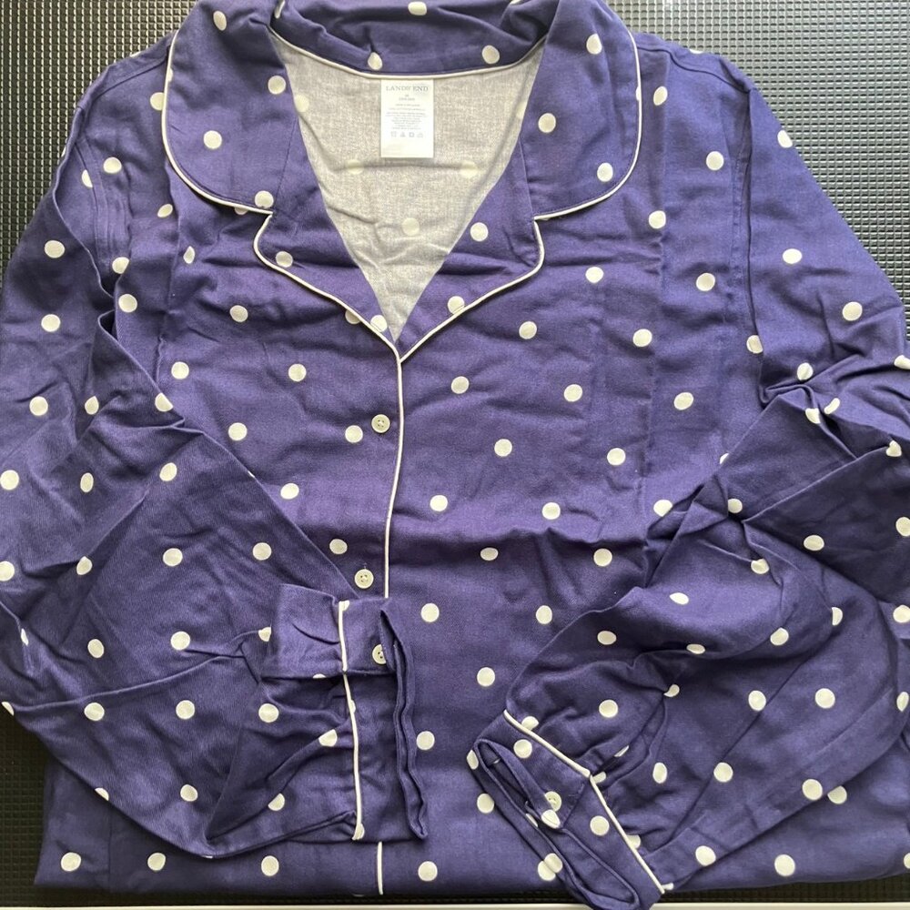 Lands End NWOT 100% Cotton Flannel PJ Top, Patriot Blue Dots Print, Sz 3X